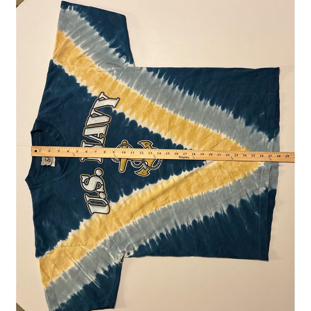 VTG USA Made Liquid Blue Navy Tie Dye T Shirt 90s Single Stitch Blue Yellow L - Picture 6 of 10